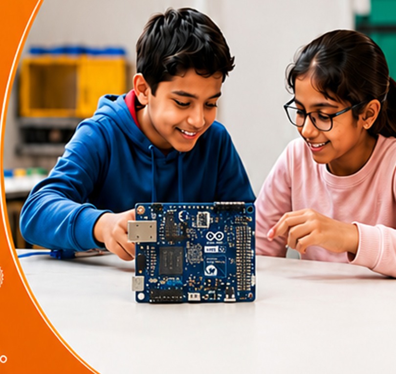 Students exploring hands-on STEAM learning with an electronics board